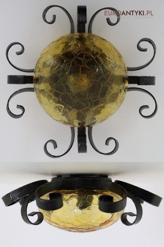 Antyczny plafon lub kinkiet z kutego metalu i bursztynowego szkła bąbelkowego – styl rustykalny, Francja, lata 60/70