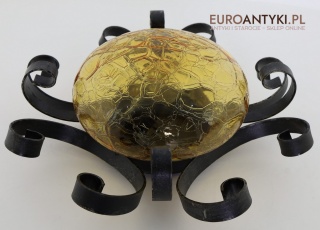 Antyczny plafon lub kinkiet z kutego metalu i bursztynowego szkła bąbelkowego – styl rustykalny, Francja, lata 60/70