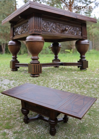Antyczny stół kawowy rozkładany z Francji w stylu neorenesansowym – solidne lite drewno, piękne rzeźbienia!