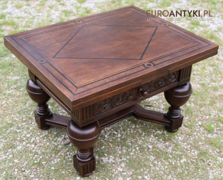 Antyczny stół kawowy rozkładany z Francji w stylu neorenesansowym – solidne lite drewno, piękne rzeźbienia!