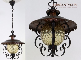 Rustykalna lampa wisząca z kutego żelaza i szkła – unikatowe oświetlenie retro do salonu, jadalni lub holu