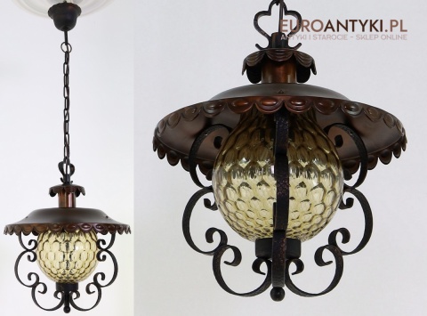 Rustykalna lampa wisząca z kutego żelaza i szkła – unikatowe oświetlenie retro do salonu, jadalni lub holu