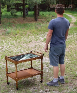 Antyczny stylowy barek z połowy XX wieku na kółkach w stylu vintage – z zielonym marmurem