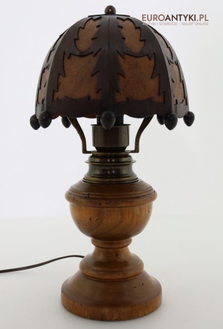 Unikatowa lampa stołowa z drewnianym abażurem – styl rustykalny z lat 50/60. – oryginał z Francji
