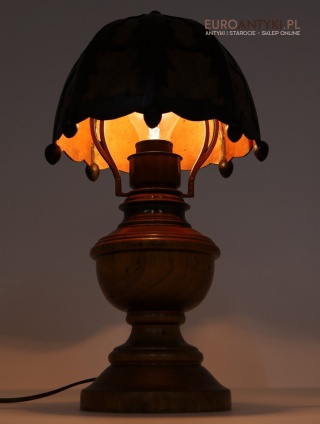 Unikatowa lampa stołowa z drewnianym abażurem – styl rustykalny z lat 50/60. – oryginał z Francji