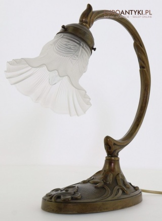 Zabytkowa lampa stołowa z brązu z oryginalnym kloszem – styl Art Nouveau z lat 1930–40 – sygnowana BRONZE