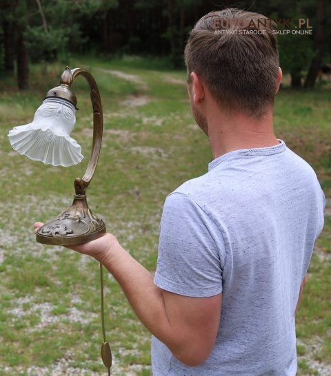 Zabytkowa lampa stołowa z brązu z oryginalnym kloszem – styl Art Nouveau z lat 1930–40 – sygnowana BRONZE