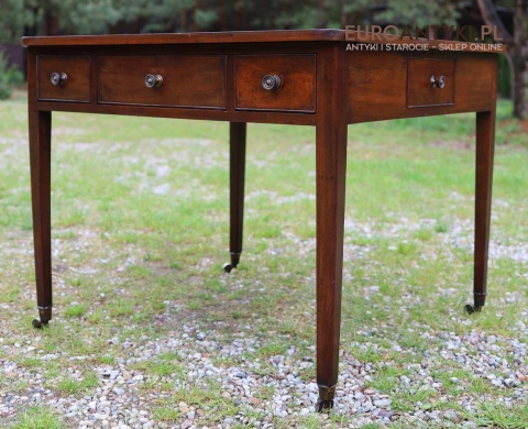 Zabytkowy stolik do kart / partnerski z epoki edwardiańskiej – lite drewno i skórzany blat (Anglia, ok. 1900 r.)