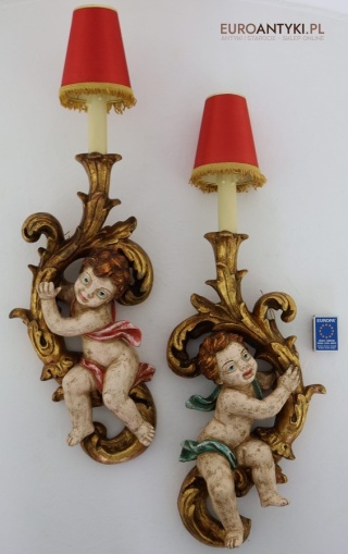 Barokowa para kinkietów z puttami – złocenia, polichromia, oryginał Lay-Art Lloret de Mar