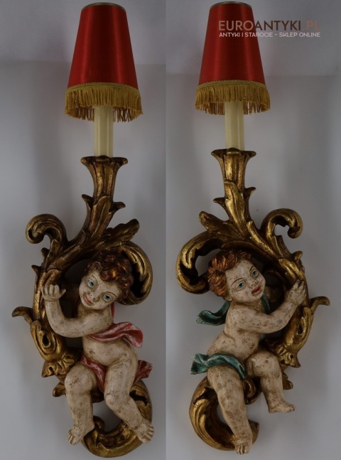 barokowe złocone kinkiety z figurkami aniołków