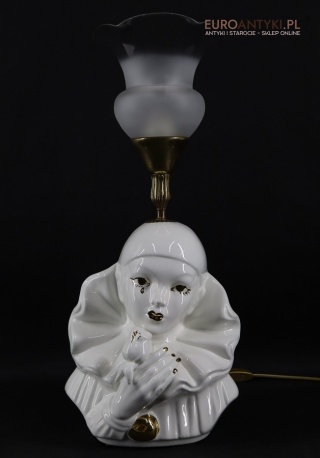 XL! Ceramiczna lampa Pierrot ze szklanym kloszem - dekoracyjne oświetlenie vintage