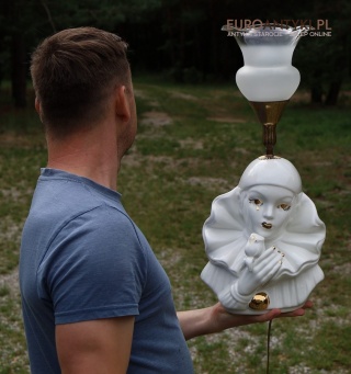 XL! Ceramiczna lampa Pierrot ze szklanym kloszem - dekoracyjne oświetlenie vintage
