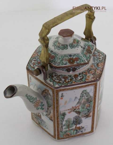 Imbryk chiński sześciokątny malowany krajobrazy