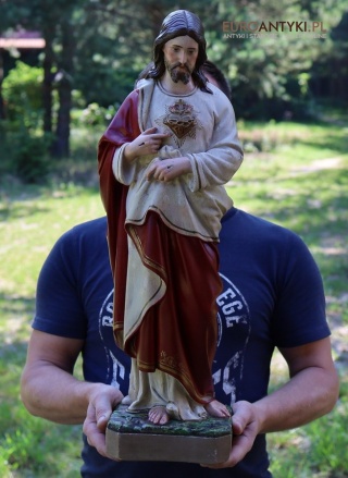 XL! DUŻA! Antyczna figurka Jezusa Chrystusa – Najświętsze Serce Pana Jezusa – ok. 1920–1940 r.
