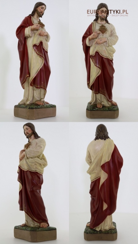 XL! DUŻA! Antyczna figurka Jezusa Chrystusa – Najświętsze Serce Pana Jezusa – ok. 1920–1940 r.