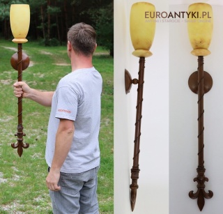 XL! DUŻY! Kinkiet zamkowy z alabastrowym kloszem – antyczna lampa ścienna stylowa