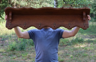 XL! Duży dębowy wieszak ścienny rustykalny z mosiężnymi hakami – motyw lilii