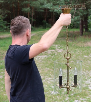 Szklana owalna lampa sufitowa z patyną – grube szkło i mosiądz, styl retro