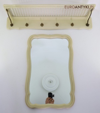 Kremowy wieszak ścienny z lustrem w stylu retro z lat 70.