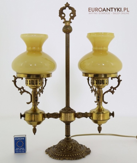 antyczna dwuramienna lampa stołowa mosiężna