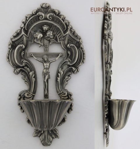 antyczne naczynie na wodę święconą z cyny