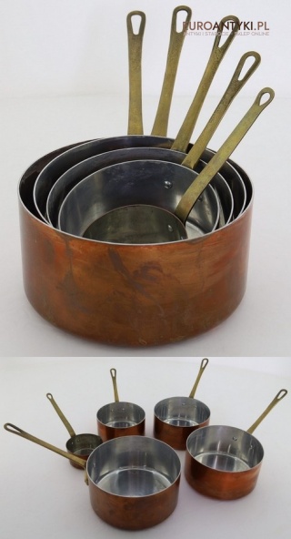 Kuchenny zestaw 5 miedzianych rondelków – oryginalne garnki vintage z epoki