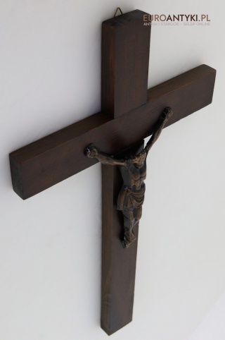 XL! DUŻY! Antyczny drewniany krzyż z Jezusem – rustykalny symbol wiary z połowy XX wieku