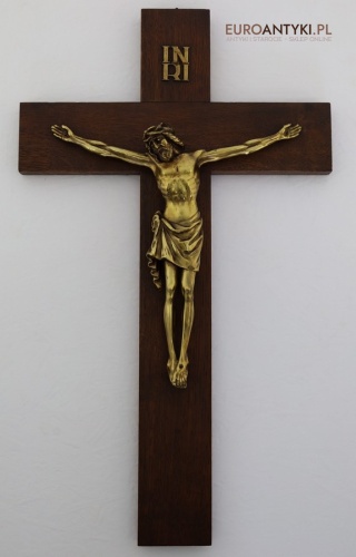 XL! DUŻY! Monumentalny krzyż dębowy z brązową figurą Jezusa – antyk z połowy XX wieku