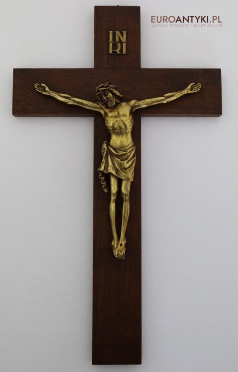 krzyż dębowy ścienny z brązową figurką jezusa