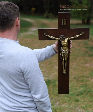 XL! DUŻY! Monumentalny krzyż dębowy z brązową figurą Jezusa – antyk z połowy XX wieku