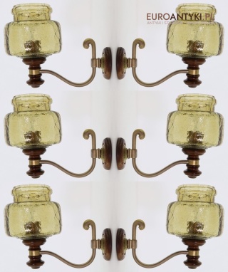 XL! Duże kinkiety retro z Francji – szkło crackle i mosiężno-drewniany korpus