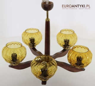 XL! Duży rustykalny żyrandol vintage z bursztynowymi kloszami – lata 60./70.