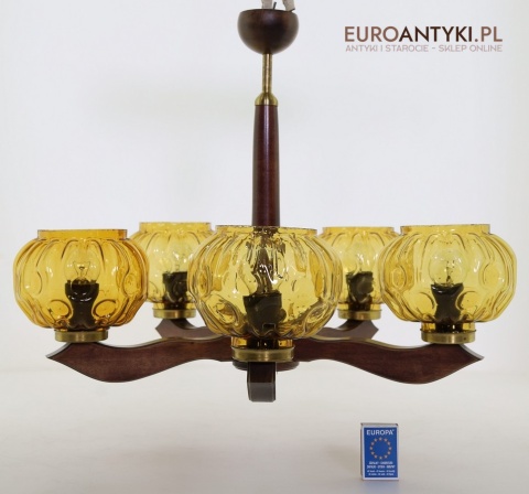 żyrandol drewniany sufitowy z lat 70