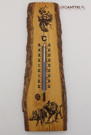 XL! DUŻY! Myśliwski termometr retro z wiewiórką i dzikami, rustykalny klimat łowiecki