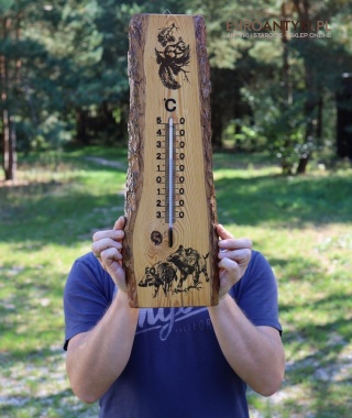 XL! DUŻY! Myśliwski termometr retro z wiewiórką i dzikami, rustykalny klimat łowiecki