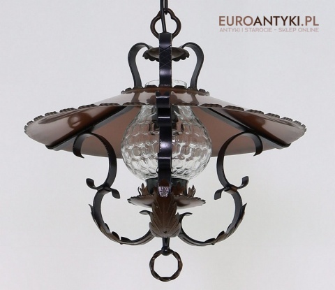antyczna lampa wisząca z metalu i szkła