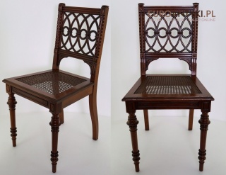 Zabytkowe krzesło w stylu Gothic Revival – rzeźbione drewno i plecionka vintage