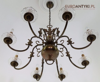 XXL! Antyczny żyrandol francuski z epoki – mosiądz i kryształowe talerzyki vintage