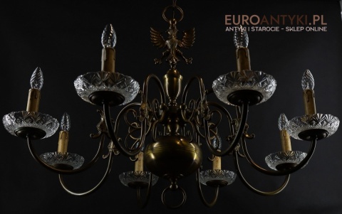 antyczny żyrandol mosiężny z kryształami