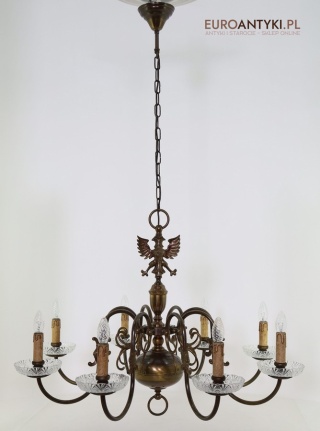XXL! Antyczny żyrandol francuski z epoki – mosiądz i kryształowe talerzyki vintage