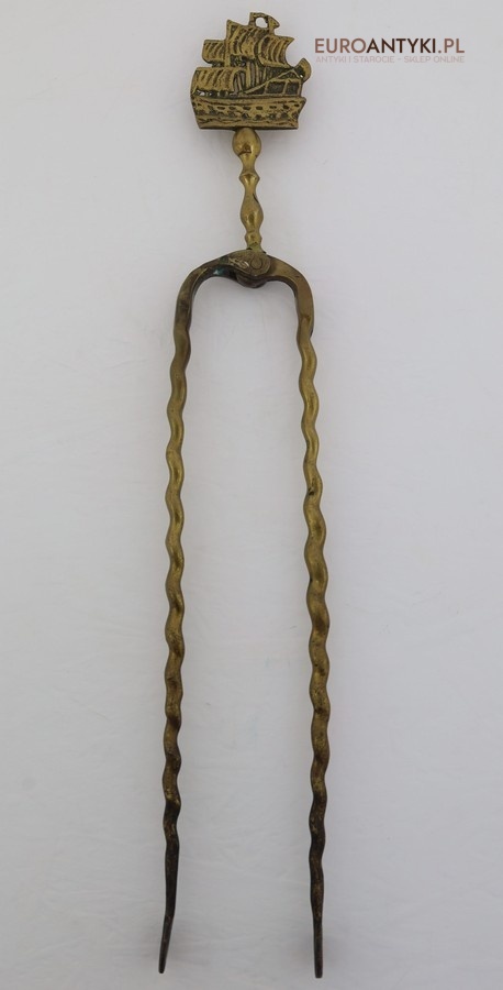 XXL! Zabytkowy komplet kominkowy vintage ze statkiem – duży, dekoracyjny, mosiężny