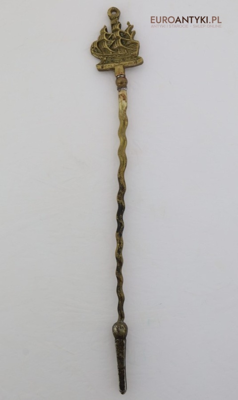 XXL! Zabytkowy komplet kominkowy vintage ze statkiem – duży, dekoracyjny, mosiężny