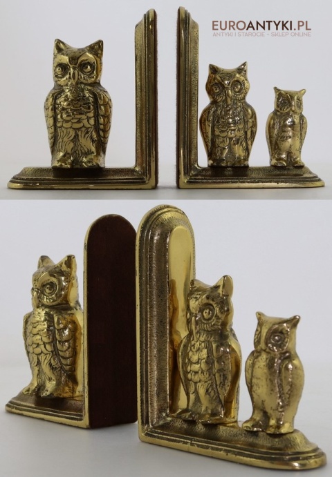 mosiężne podpórki do książek z sowami retro