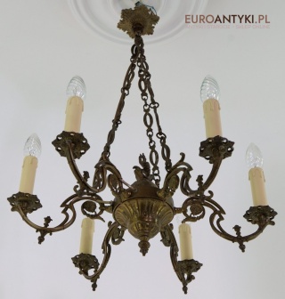 Antyczny żyrandol mosiężny 6-ramienny – styl barokowo-rokokowy vintage z epoki
