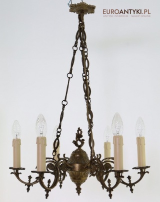Antyczny żyrandol mosiężny 6-ramienny – styl barokowo-rokokowy vintage z epoki