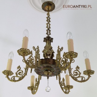 Antyczny żyrandol mosiężny w stylu francuskiego rococo – dekoracyjne oświetlenie vintage