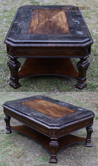 Klasyczny kawowy marmurowy stolik neobarokowy – dekoracyjny mebel z Francji do ekskluzywnych aranżacji