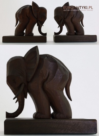 Kolonialne podpórki na książki – antyczne słonie z litego drewna, połowa XX wieku
