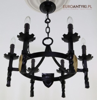XL! Antyczny żyrandol rycerski retro – kuty, masywny metal, styl gotycki zamkowy