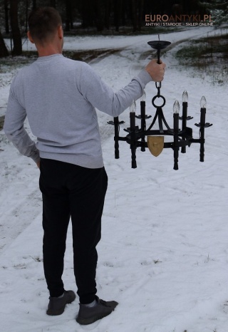 XL! Antyczny żyrandol rycerski retro – kuty, masywny metal, styl gotycki zamkowy